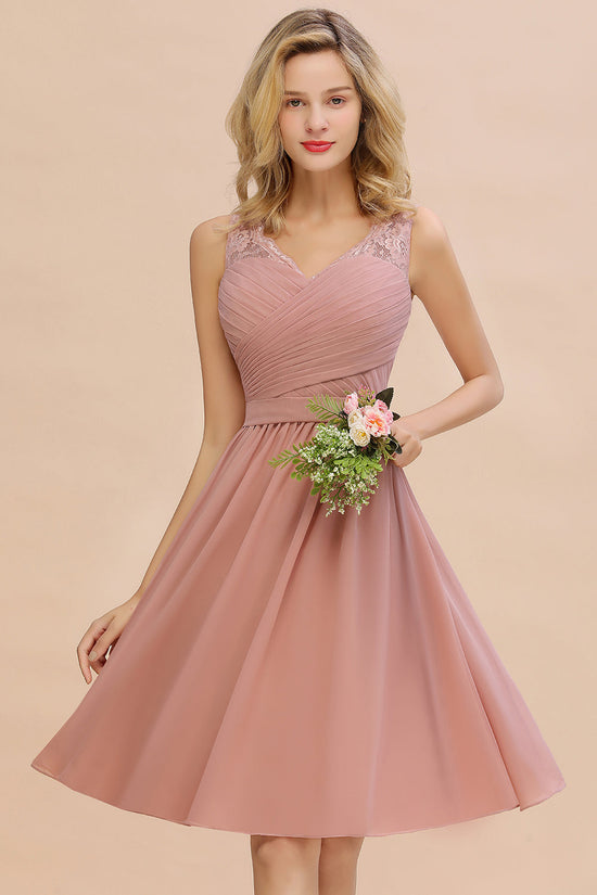 Glamorous Short A-Line V-neck Chiffon Dusty Rose Bridesmaid Dress-BIZTUNNEL