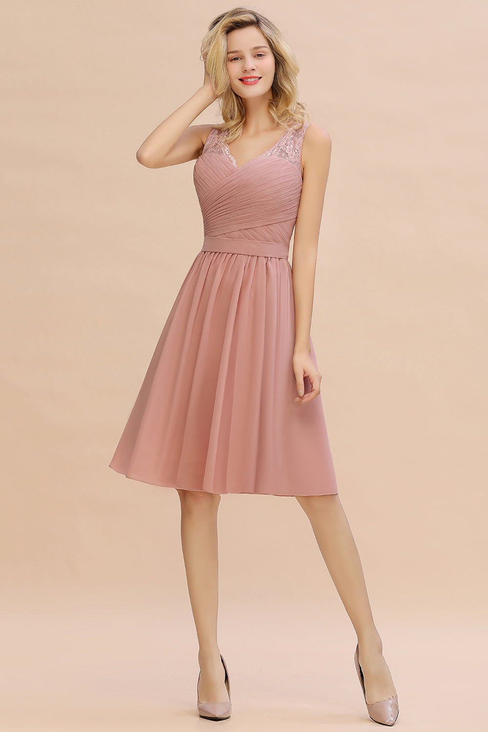 Glamorous Short A-Line V-neck Chiffon Dusty Rose Bridesmaid Dress-BIZTUNNEL