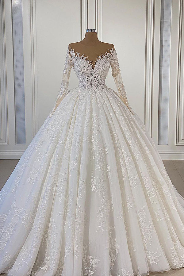 Gorgeous Lace Long Sleeve Beads Ball Gown Wedding Dress – BIZTUNNEL