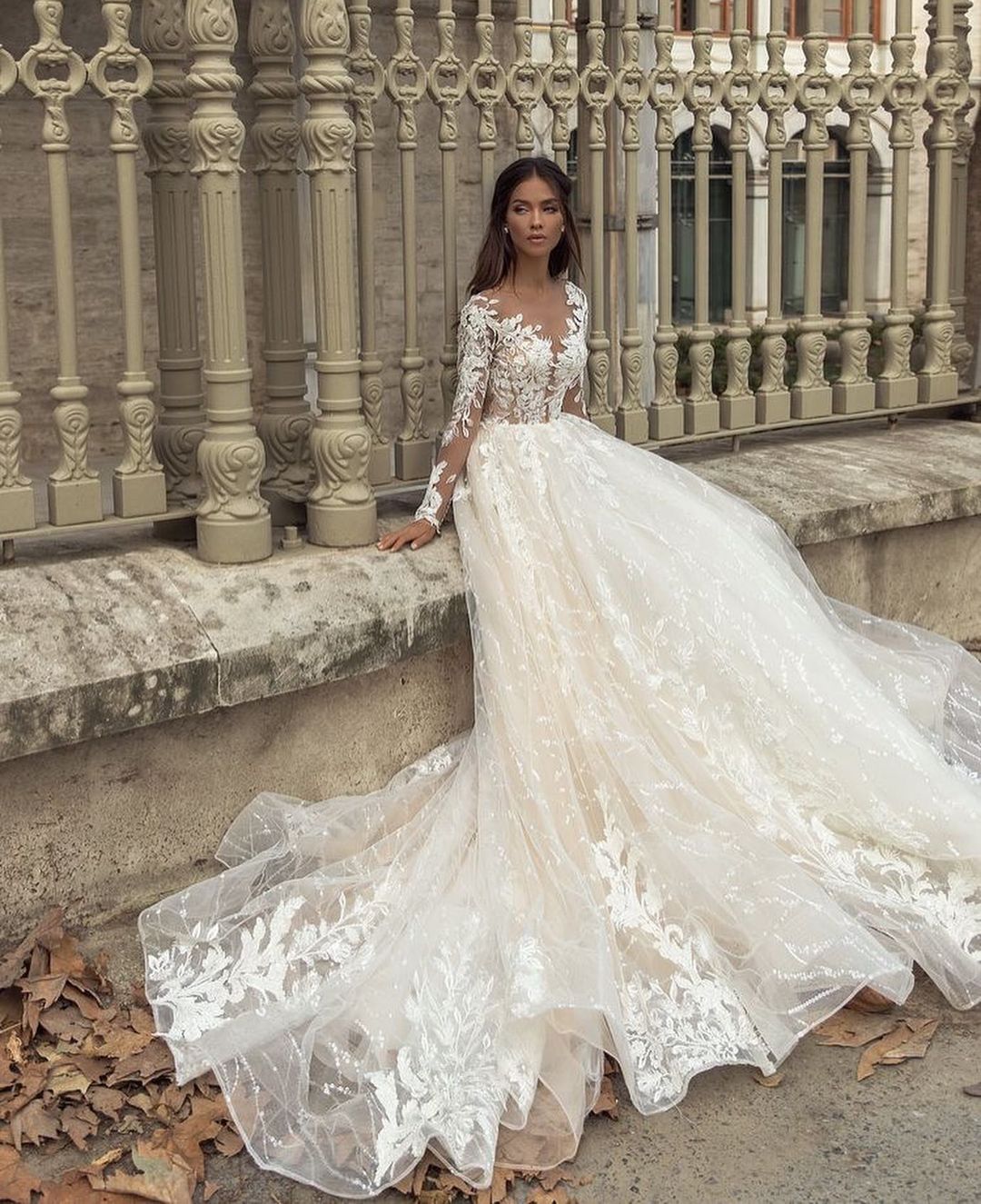 Gorgeous Long A-Line Bateau Appliques Lace Train Wedding Dress with Sleeves-BIZTUNNEL