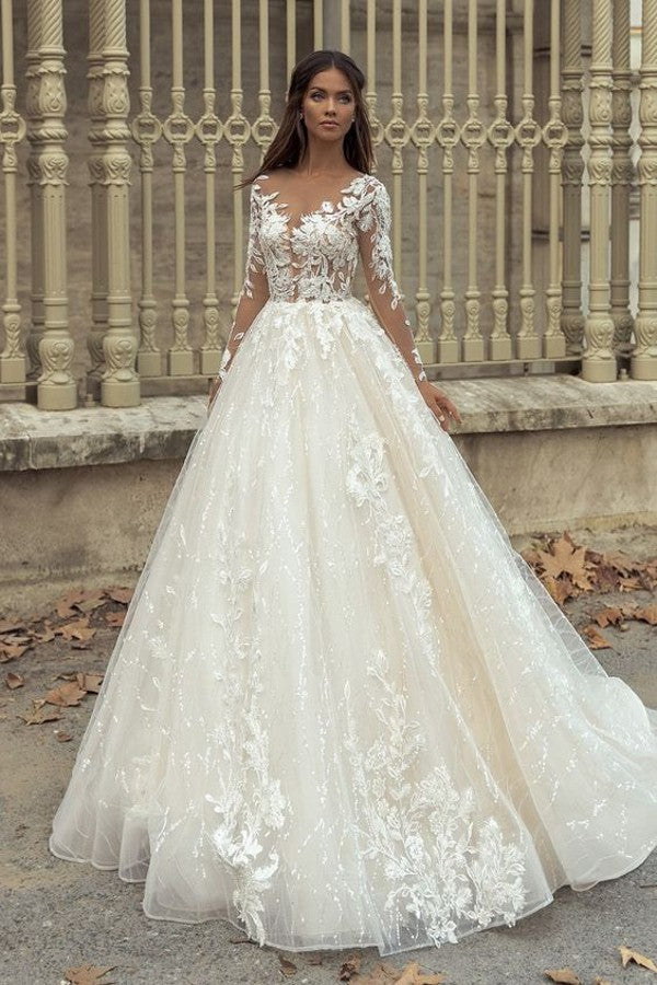 Gorgeous Long A-Line Bateau Appliques Lace Train Wedding Dress with Sleeves-BIZTUNNEL