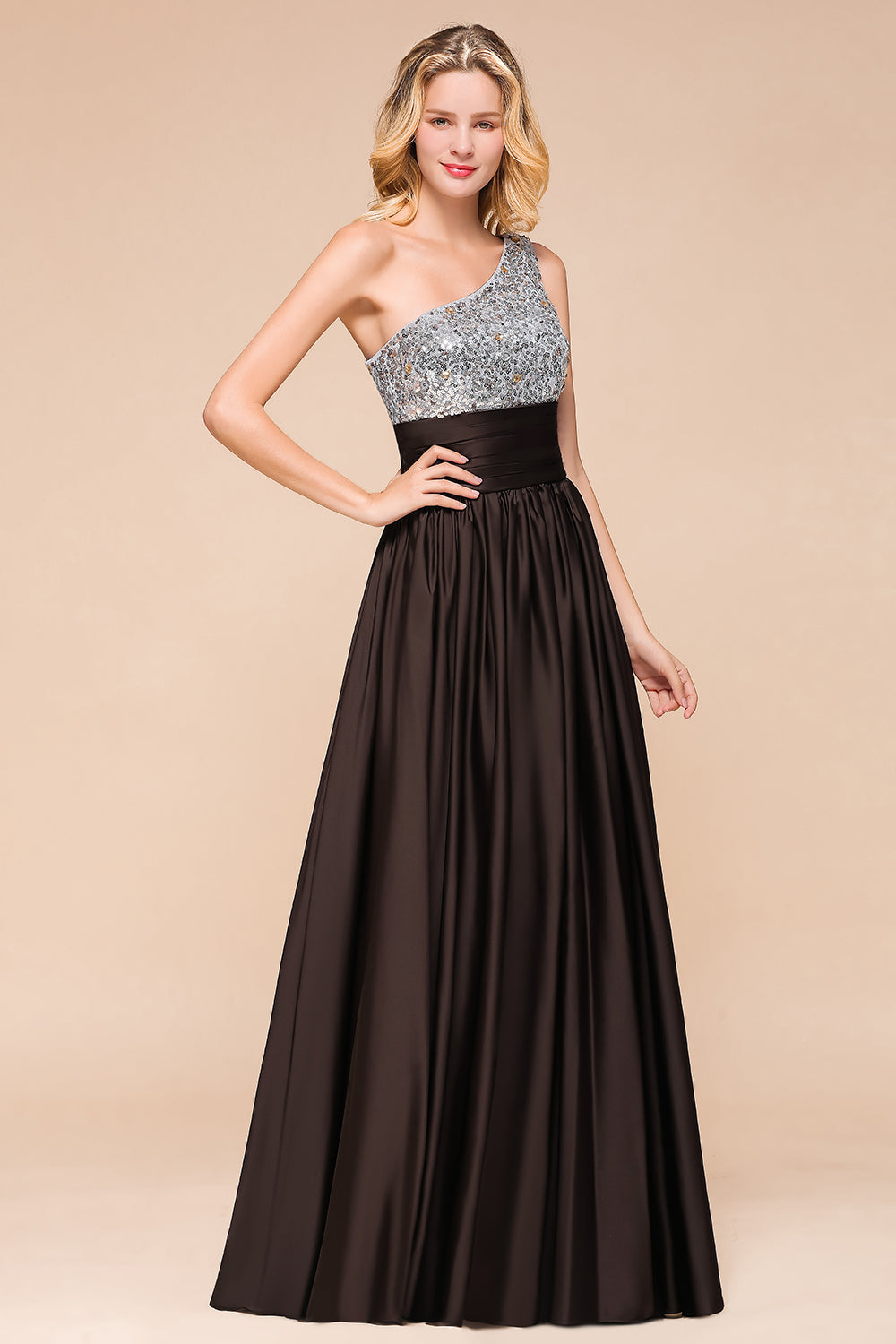 Gorgeous Long A-line One Shoulder Chiffon Bridesmaid Dress With Sequins-BIZTUNNEL