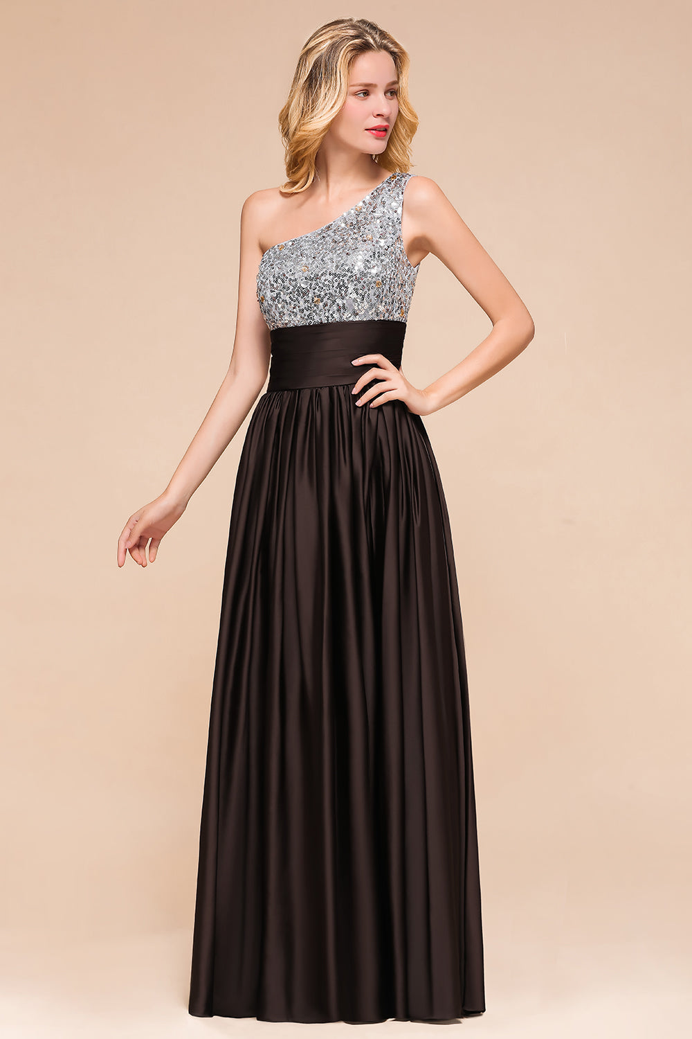 Gorgeous Long A-line One Shoulder Chiffon Bridesmaid Dress With Sequins-BIZTUNNEL