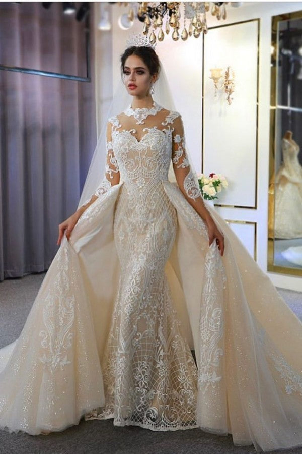 Gorgeous Long A-Line Sweetheart Appliques Lace Wedding Dress with Sleeves-BIZTUNNEL