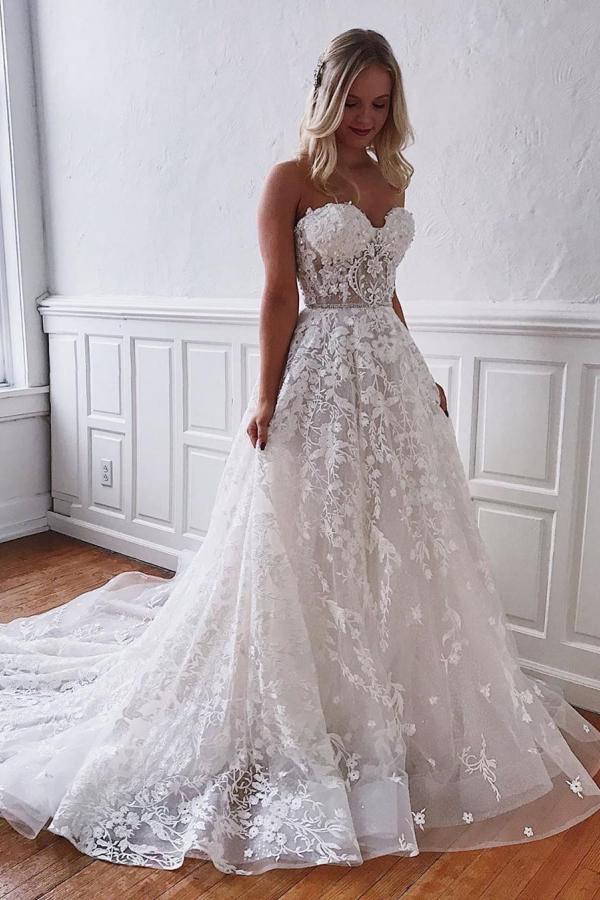 Gorgeous Long A-line Sweetheart Lace Wedding Dress-BIZTUNNEL