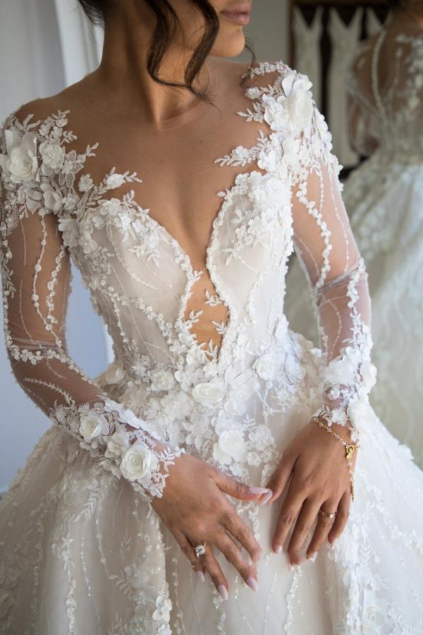 Gorgeous Long A-line Sweetheart Tulle Lace Open Back Wedding Dress with sleeves-BIZTUNNEL