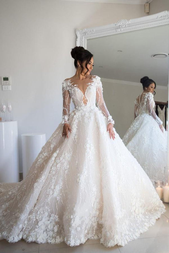 Gorgeous Long A-line Sweetheart Tulle Lace Open Back Wedding Dress with sleeves-BIZTUNNEL