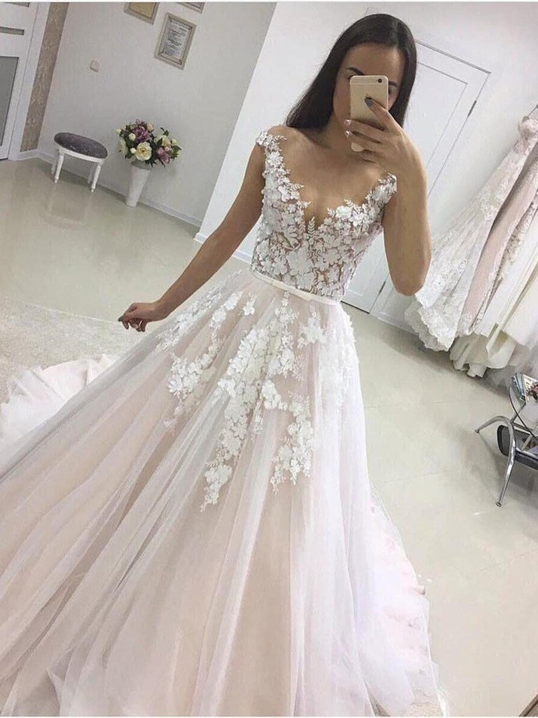 Gorgeous Long A-line Sweetheart Tulle Lace Wedding Dress-BIZTUNNEL