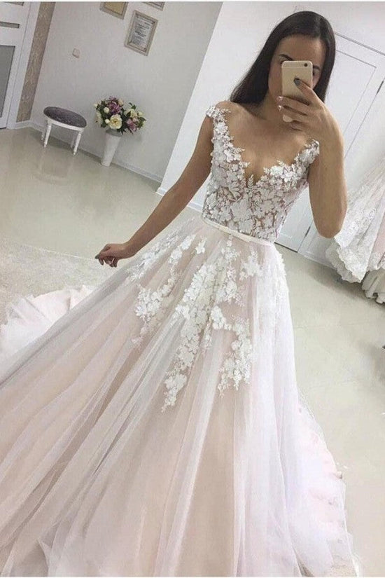 Gorgeous Long A-line Sweetheart Tulle Lace Wedding Dress-BIZTUNNEL