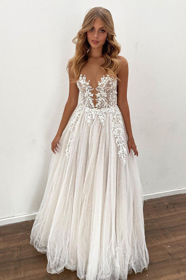 Gorgeous Long A-line Tulle Appliques Lace Wedding Dress-BIZTUNNEL