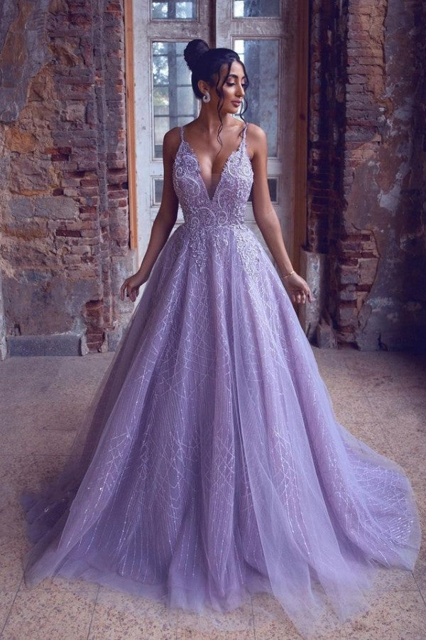 Purple Tulle A Line V Neck Lace Appliques Prom Dress PL503