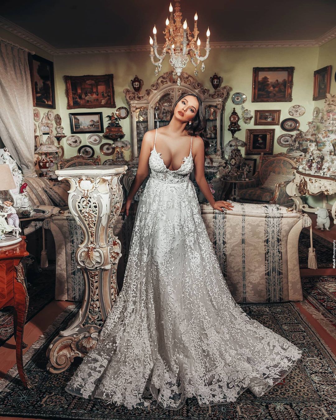 Gorgeous Long A-line V-neck 3D Floral Lace Wedding Dress-BIZTUNNEL