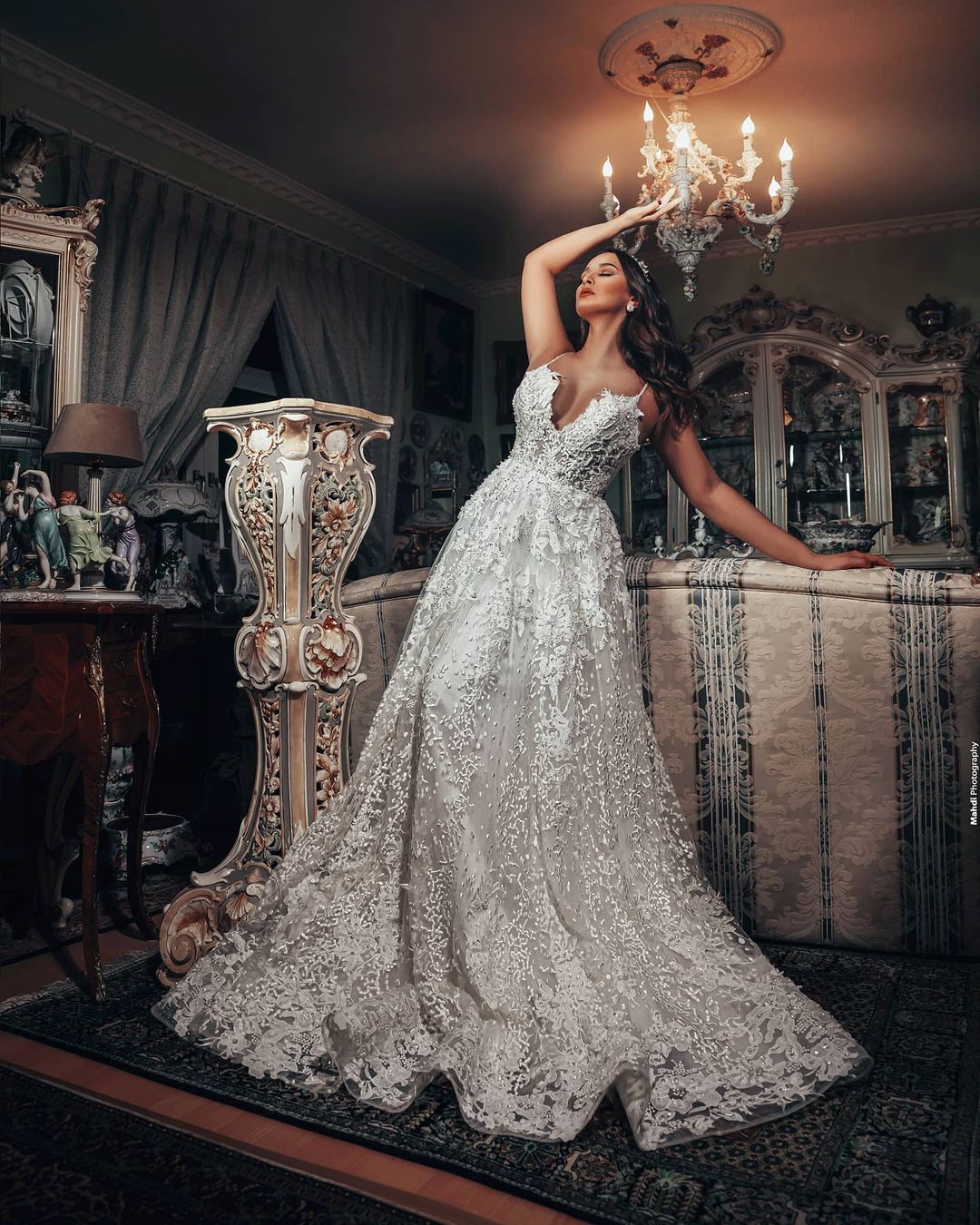 Gorgeous Long A-line V-neck 3D Floral Lace Wedding Dress-BIZTUNNEL