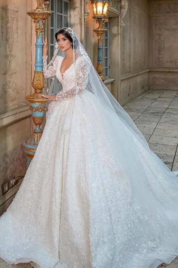 Gorgeous Long A-Line V-neck Appliques Lace Wedding Dress with Sleeves-BIZTUNNEL