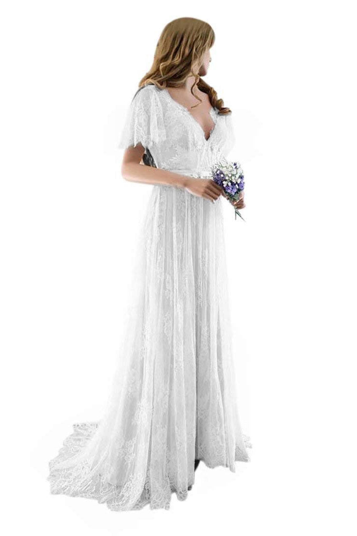 Gorgeous Long A-line V-Neck Lace Wedding Dresses with Cap Sleeves-BIZTUNNEL