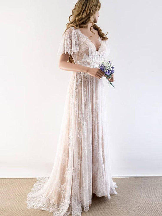 Gorgeous Long A-line V-Neck Lace Wedding Dresses with Cap Sleeves-BIZTUNNEL