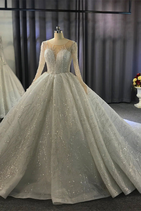 Gorgeous Long Ball Gown Bateau Crystal Wedding Dress with Sleeves-BIZTUNNEL