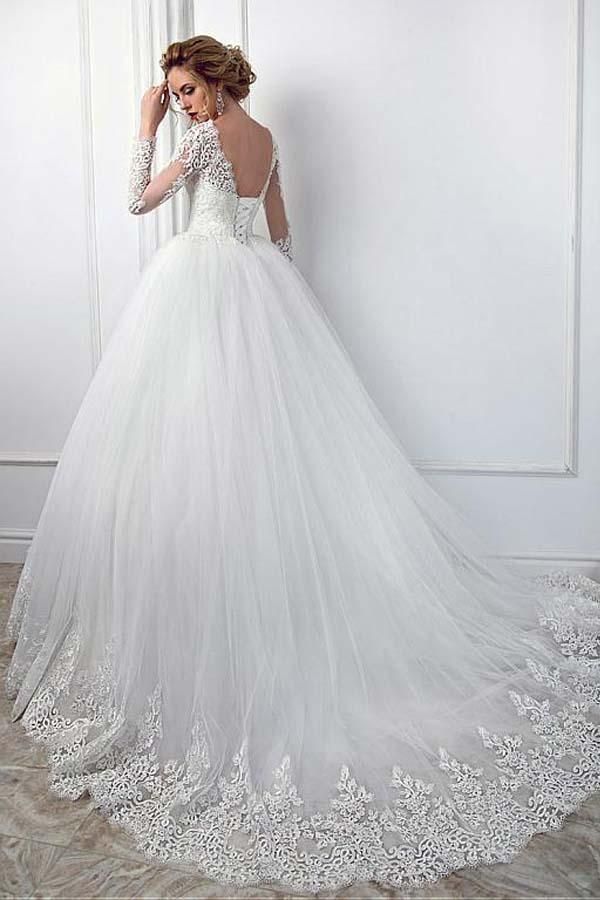 Gorgeous Long Ball Gown Jewel Tulle Lace Wedding Dress with Sleeves-BIZTUNNEL