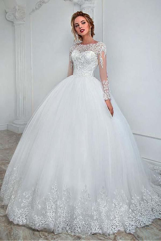 Gorgeous Long Ball Gown Jewel Tulle Lace Wedding Dress with Sleeves-BIZTUNNEL