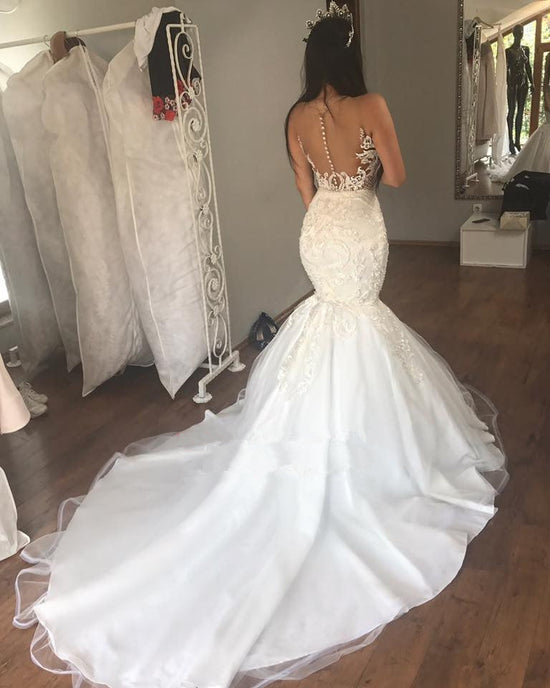 Gorgeous Long Mermaid Sweetheart Lace Buttons Backless Wedding Dress-BIZTUNNEL