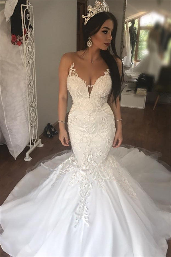 Gorgeous Long Mermaid Sweetheart Lace Buttons Backless Wedding Dress-BIZTUNNEL