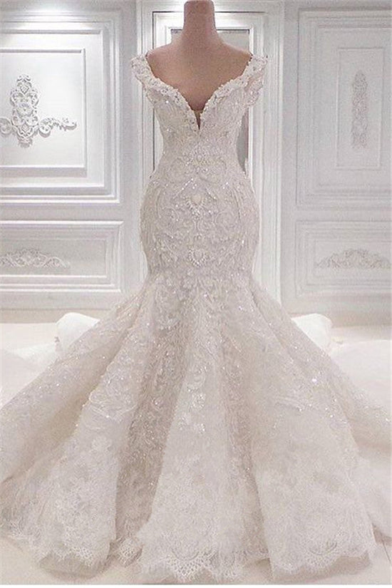 Gorgeous Long Mermaid V-neck Appliques Lace Ruffles Wedding Dress-BIZTUNNEL