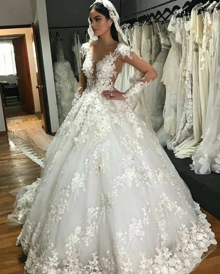 Gorgeous Long Princess Bateau Appliques Lace Backless Ruffles Wedding Dress with Sleeves-BIZTUNNEL