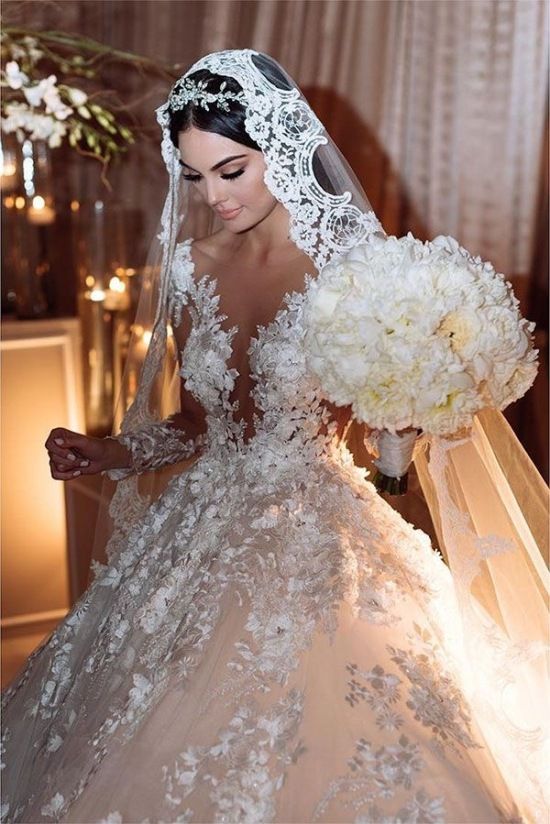 Gorgeous Long Princess Bateau Appliques Lace Backless Ruffles Wedding Dress with Sleeves-BIZTUNNEL