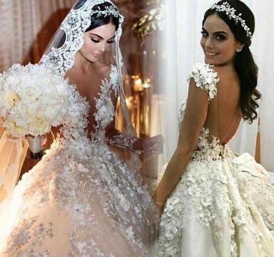 Gorgeous Long Princess Bateau Appliques Lace Backless Ruffles Wedding Dress with Sleeves-BIZTUNNEL