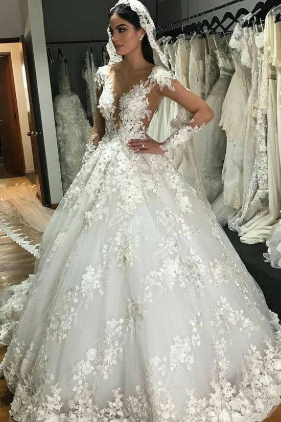 Gorgeous Long Princess Bateau Appliques Lace Backless Ruffles Wedding Dress with Sleeves-BIZTUNNEL