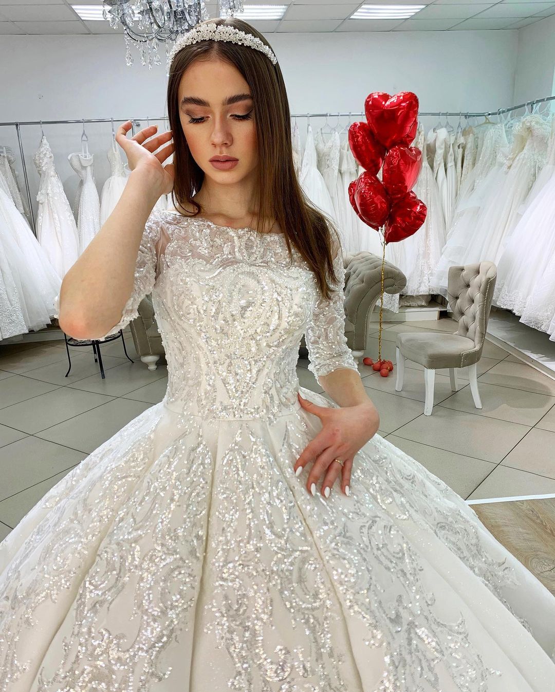 Gorgeous Long Princess Satin Bateau Appliques Lace Wedding Dress with Sleeves-BIZTUNNEL