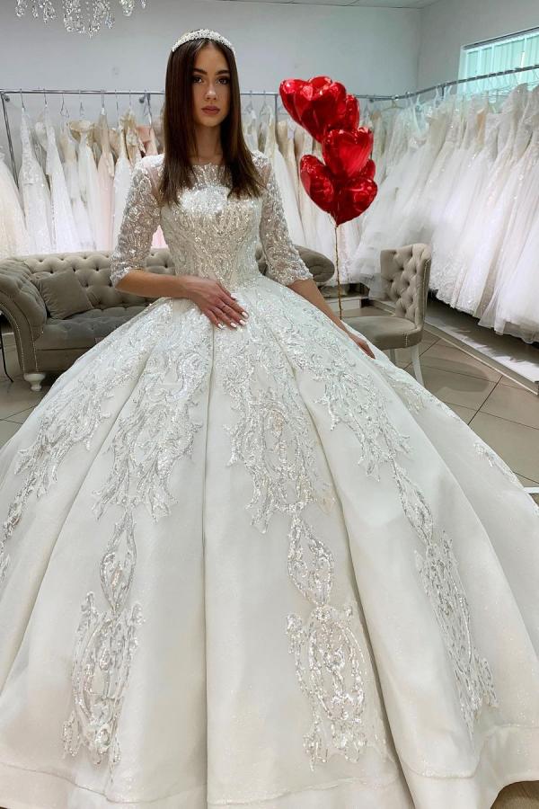 Gorgeous Long Princess Satin Bateau Appliques Lace Wedding Dress with Sleeves-BIZTUNNEL