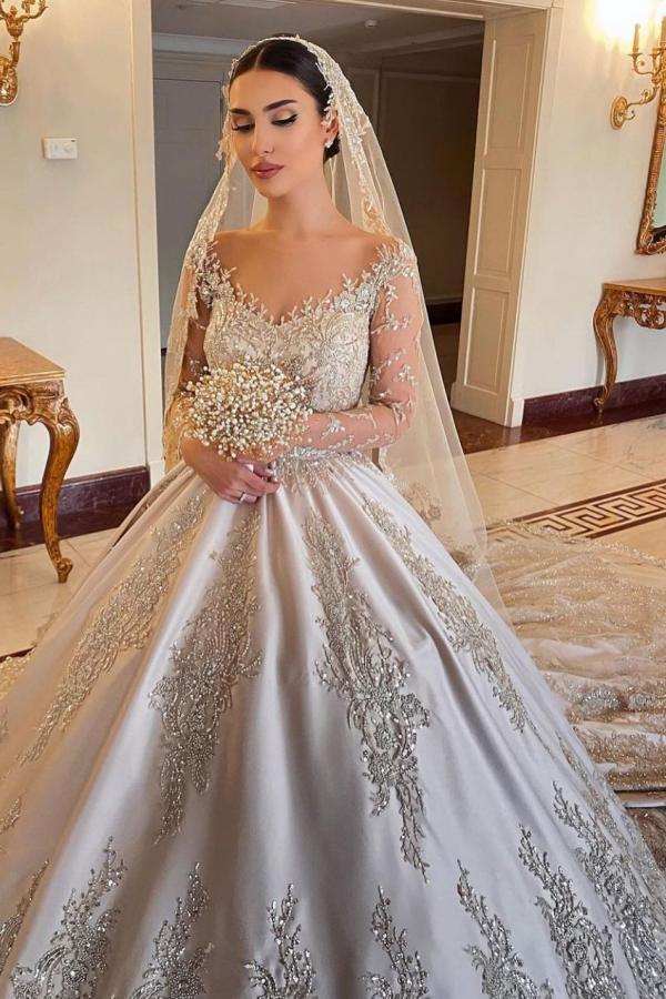 Gorgeous Long Princess Sweetheart Beading Pearl Satin Wedding Dress with Sleeves-BIZTUNNEL