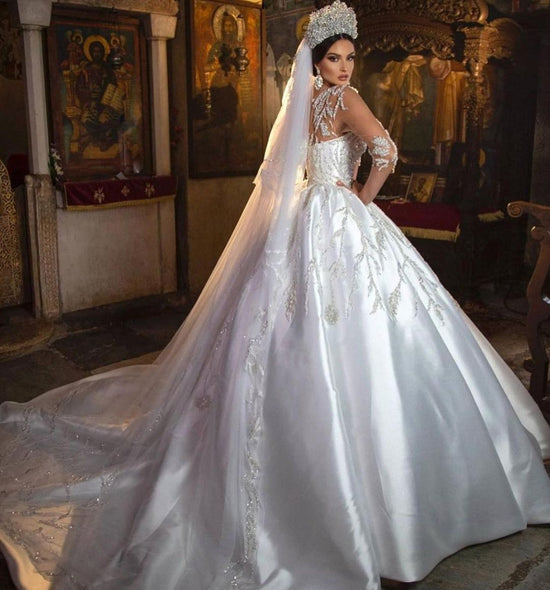 Gorgeous Long Princess Sweetheart Satin Wedding Dress with Sleeves-BIZTUNNEL