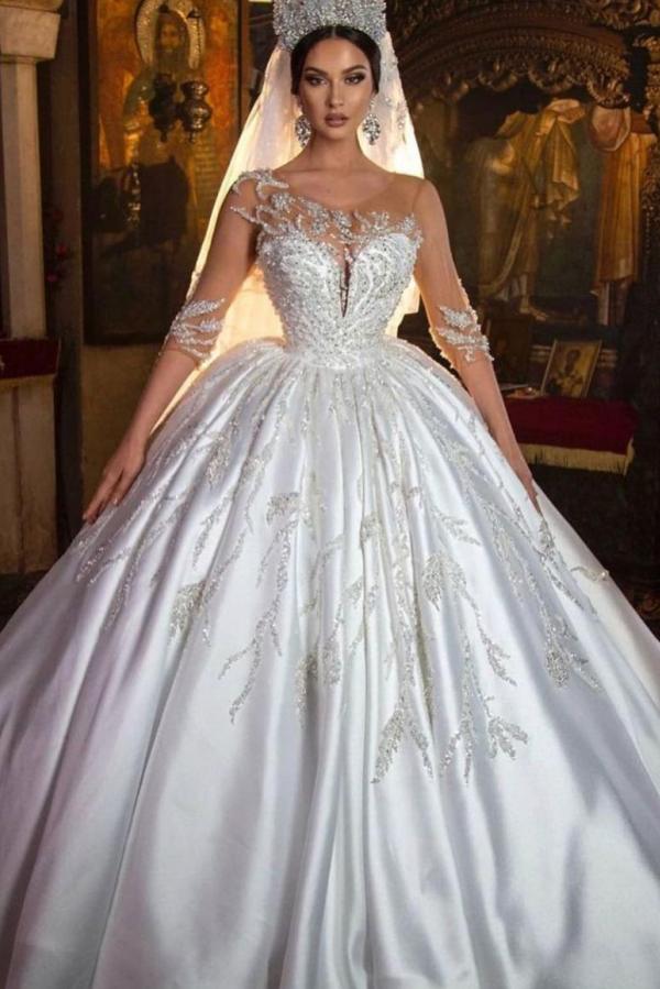 Gorgeous Long Princess Sweetheart Satin Wedding Dress with Sleeves-BIZTUNNEL