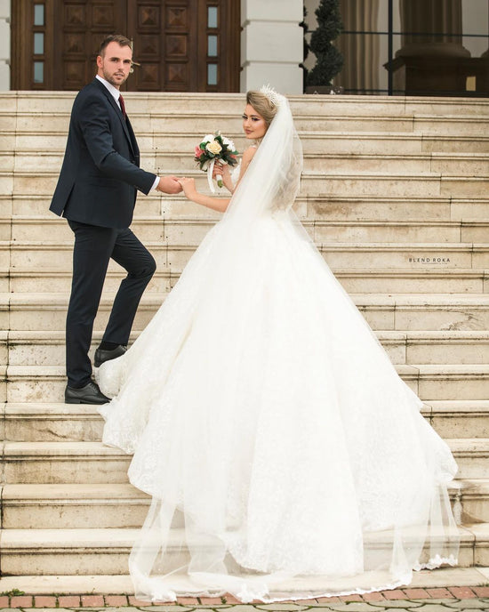 Gorgeous Long Princess V-neck Tulle Lace Wedding Dress-BIZTUNNEL