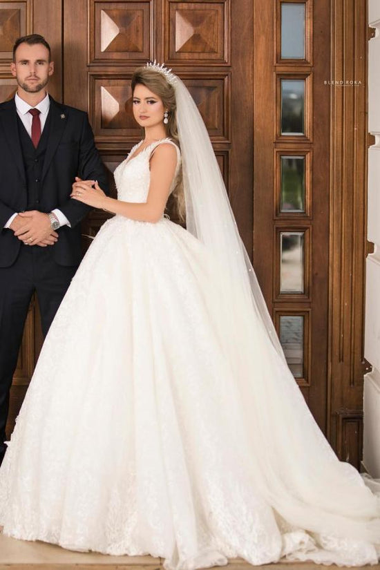 Gorgeous Long Princess V-neck Tulle Lace Wedding Dress-BIZTUNNEL