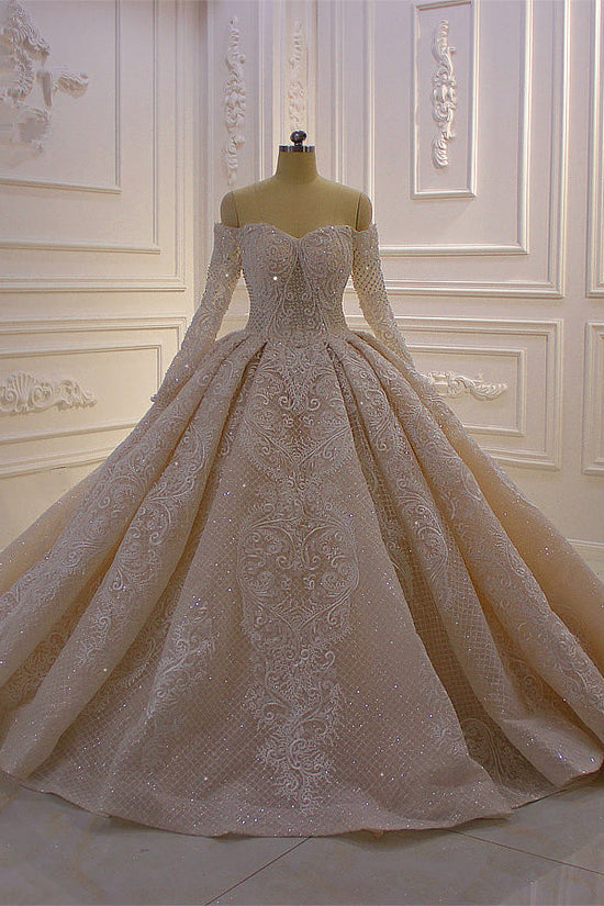 Gorgeous Long Sleeve Off the Shoulder Appliques Lace Ball Gown Wedding Dress-BIZTUNNEL