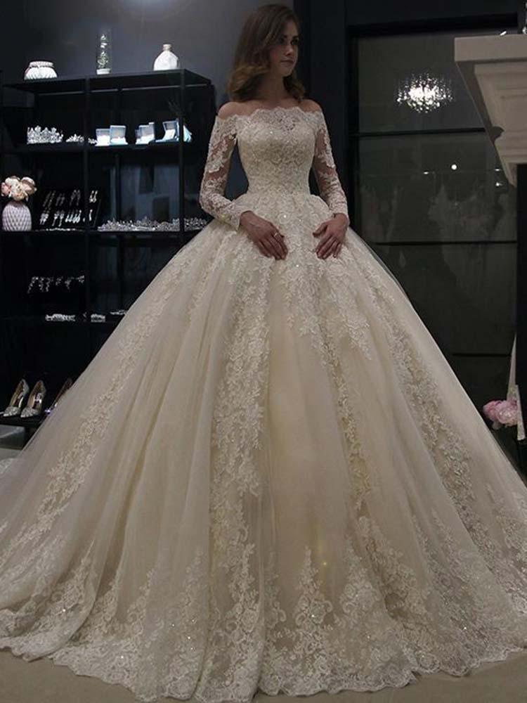 Gorgeous Long Sleeves Ball Gown Lace Tulle Wedding Dresses-BIZTUNNEL