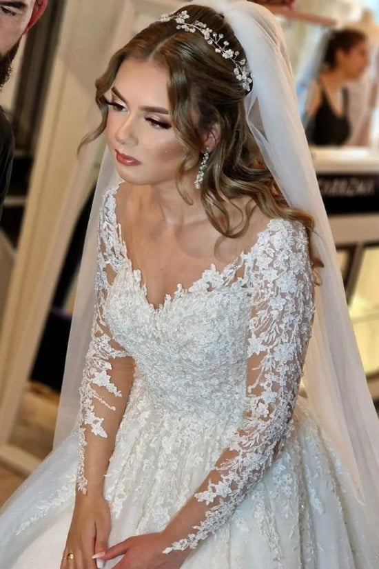 Gorgeous White Long A-line V-neck Lace Wedding Dress with Sleeves-BIZTUNNEL