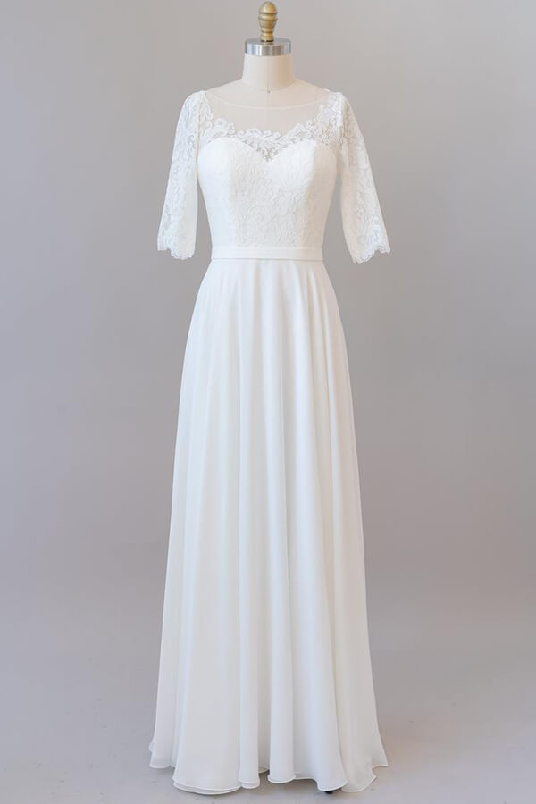 Graceful Long A-line Lace Chiffon Wedding Dress with Sleeves-BIZTUNNEL