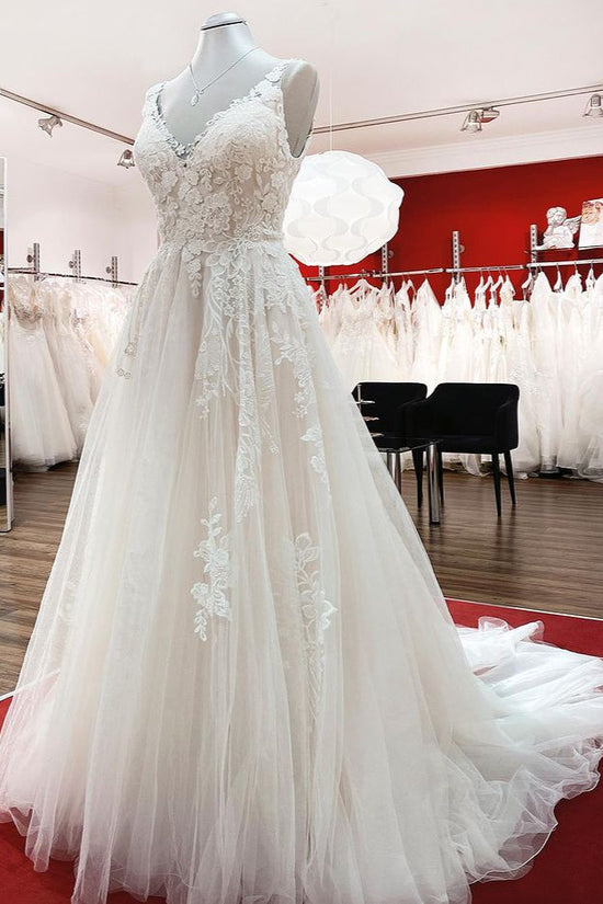 Graceful Long A-line Tulle V Neck Lace Open Back Wedding Dresses-BIZTUNNEL