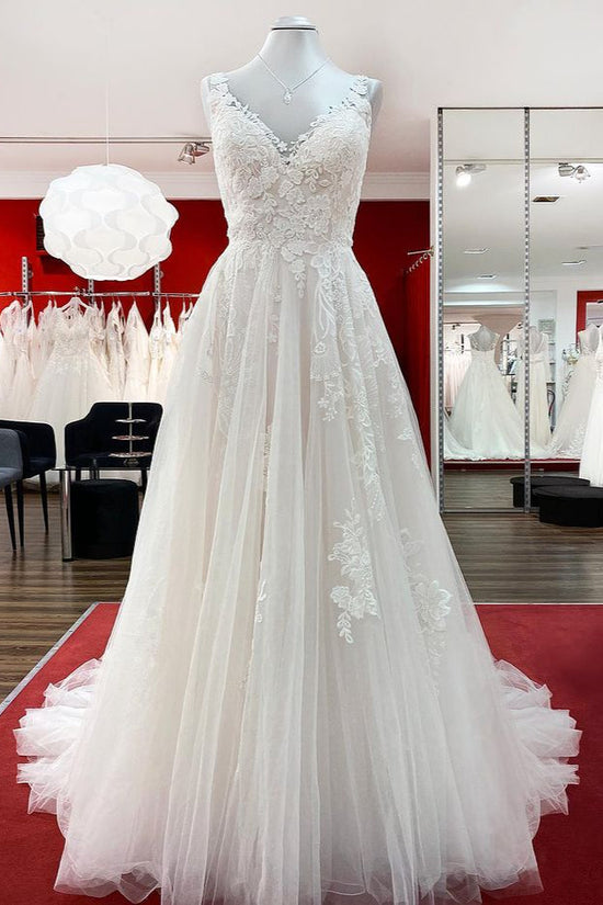 Graceful Long A-line Tulle V Neck Lace Open Back Wedding Dresses-BIZTUNNEL