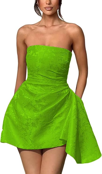 A-line Strapless Sleeveless Short Homecoming Dress Jacquard Satin Asymmetrical Lace up Party Dresses