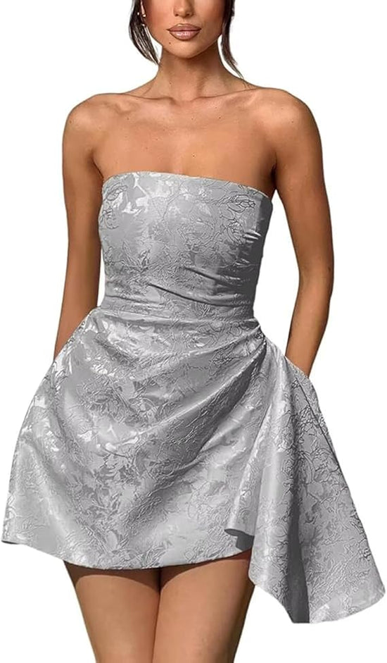 A-line Strapless Sleeveless Short Homecoming Dress Jacquard Satin Asymmetrical Lace up Party Dresses