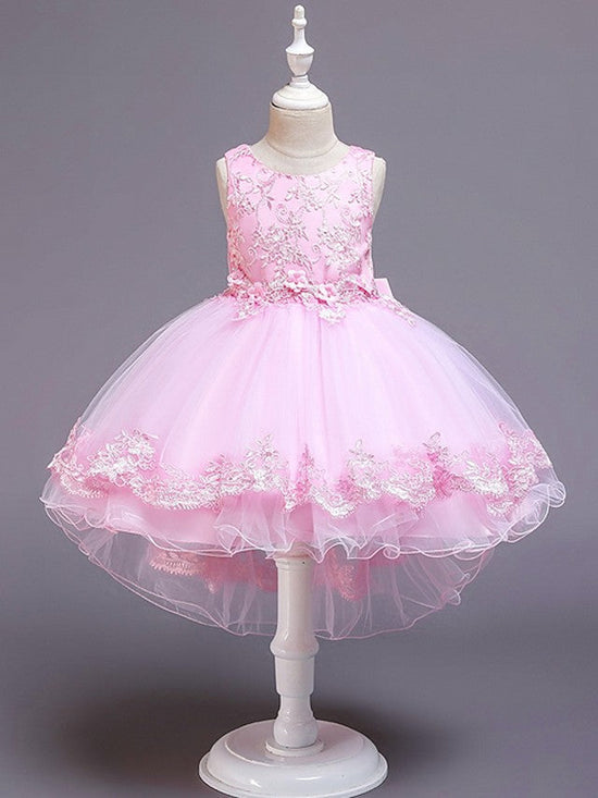 High Low Ball Gown Tulle Jewel Neck Wedding Party Flower Girl Dresses-BIZTUNNEL