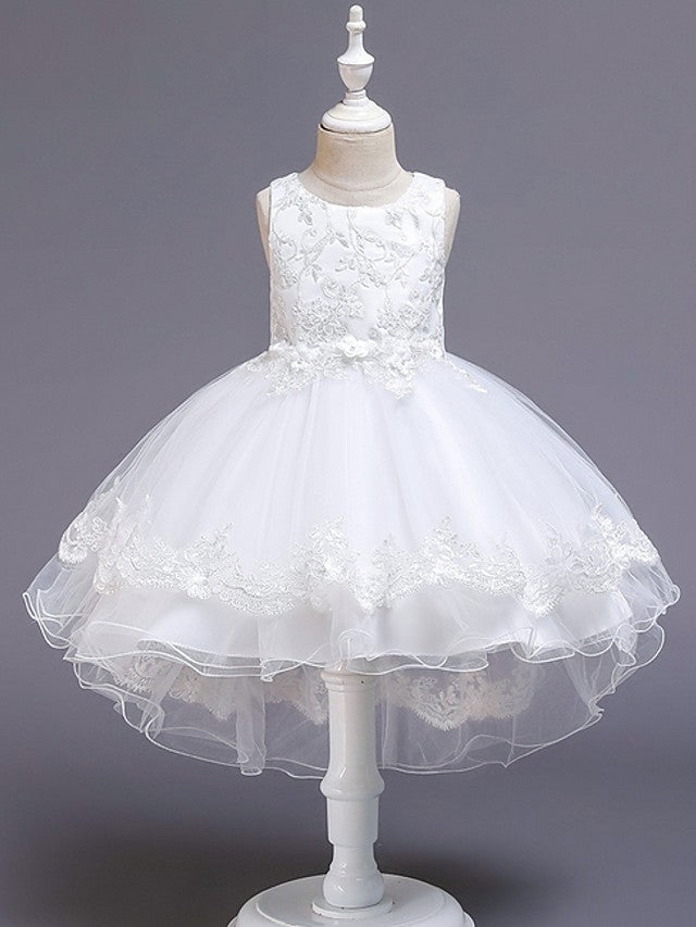 High Low Ball Gown Tulle Jewel Neck Wedding Party Flower Girl Dresses-BIZTUNNEL