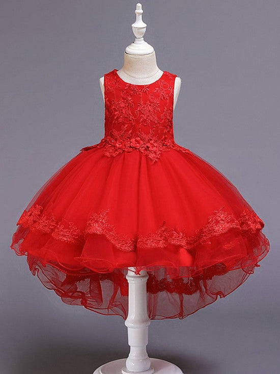 High Low Ball Gown Tulle Jewel Neck Wedding Party Flower Girl Dresses-BIZTUNNEL