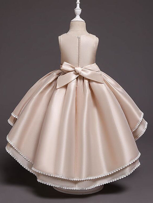 High Low Princess Satin Tulle Jewel Neck Wedding Party Pageant Flower Girl Dresses-BIZTUNNEL