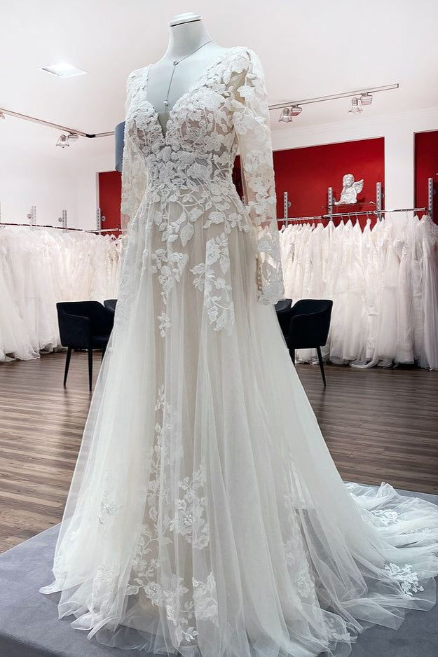 Ivory A-Line Lace Wedding Dress with Sleeves